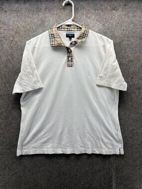 Burberry Golf Polo Shirt Womens Large White Nova Check Collar Short Sleeve